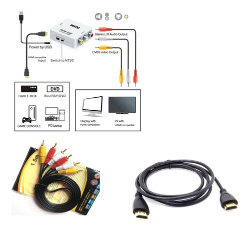 Kit Adaptador Conversor Hdmi P/ 3 Rca + Cabo Rca + Cabo Hdmi