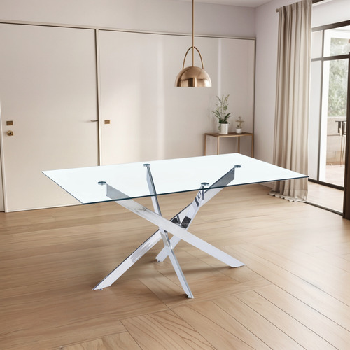 Mesa Moderna Living Comedor Vidrio 150x90 Mod. Luxor Transparente Cromado
