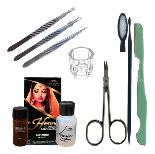 Kit Sobrancelha Henna Chandra Com Navalha Tesoura 3 Pinça Cor Castanho Médio