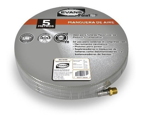 Manguera Para Compresor De Aire Evans Pvc 300 Psi 5m 1/4 Color Gris