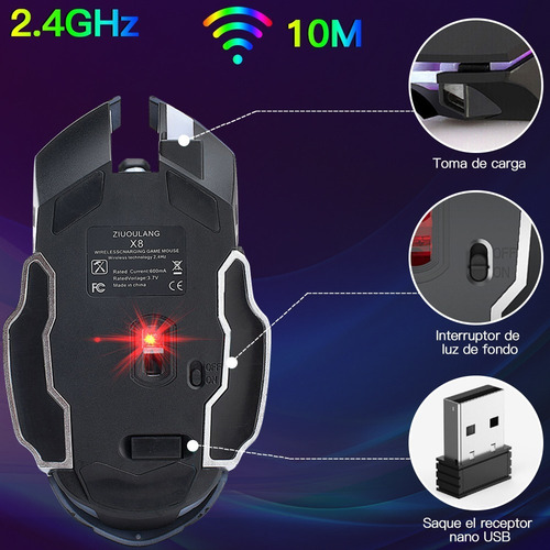 Mouse Gamer Inalambrico Usb Recargable Con Luz Led
