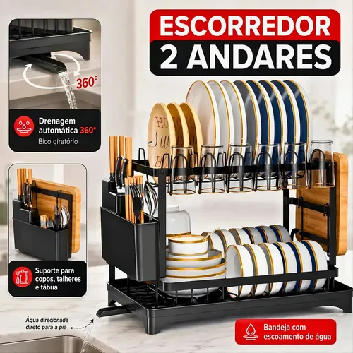 Escorredor De Louça Inoxidável 2 Andares Drenagem Automática Bandeja Grande 360º Organizador Pia Com Porta Pratos Tigelas Talheres Copos Preto