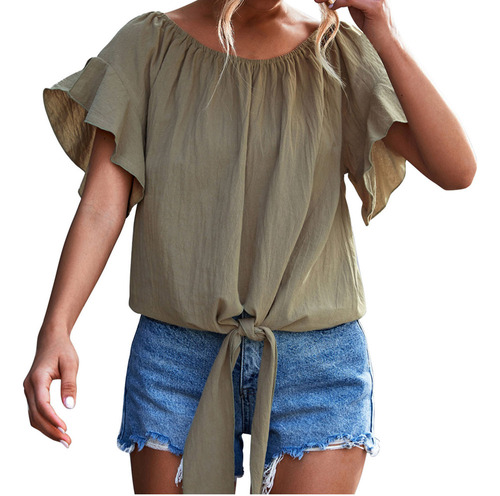 Blusa Con Cuello Redondo Y Volantes A La Moda Para Mujer De