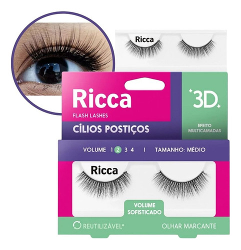 Cílios Postiços Médio Efeito 3d Multicamadas Volume 2 Ricca