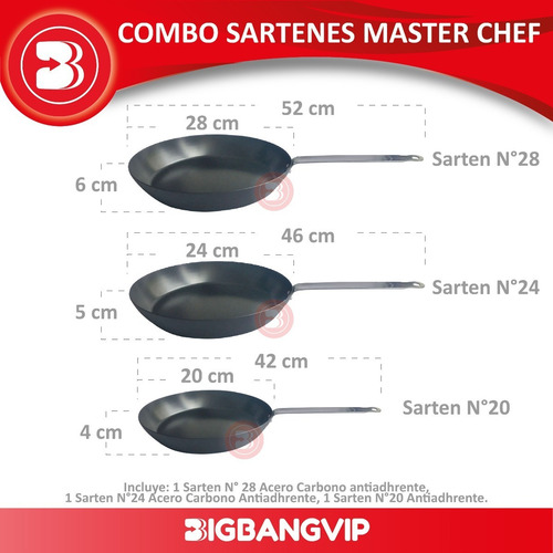 Imagen 2 de 5 de Sarten X3 Carbono Antiadherente 20c 24 28 Master Chef Hudson