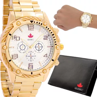 Relógio Masculino Quebec Dourado Pulseira De Aço + Carteira Cor do fundo Branco