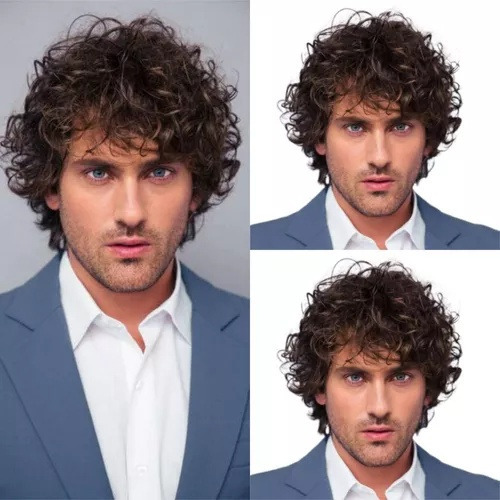 ( Cabelo Cacheado Masculino, Peruca Marrom Escuro