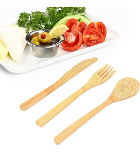 Juego 3 Cubiertos Ecológicos Bambú Biodegradable + Bolsita Color Gris