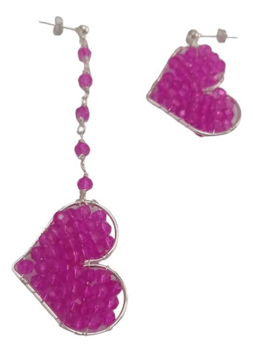 Aros Baño Plata Asimétricos Corazones Piedras Fucsia