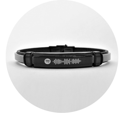 Imagen 1 de 7 de Pulsera Spotify Acero Piel Placa Negra Grabado Láser 1147