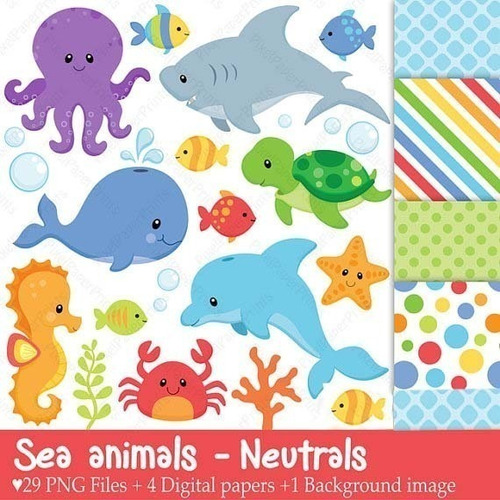 Kit Imprimible Animales Marinos 1- 30 Png 5 Fondos Ver Promo