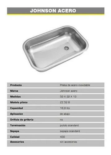 Pileta Bacha Acero Inoxidable Johnson Zz52b Cocina Mesada Simple 52x32x13 Acero 430