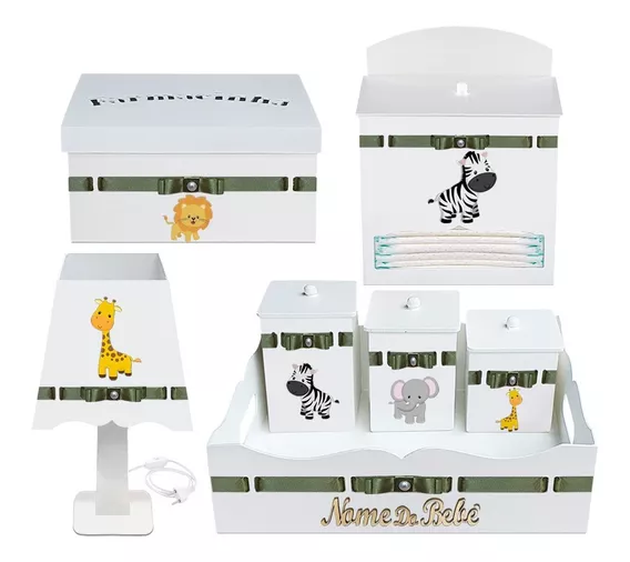 Kit Higiene Bebê Tema Safari Madeira Personalizado Com Nome
