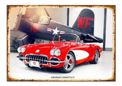 1 Cartel Metalico Letrero Corvette Descapotable Avion 40x28 