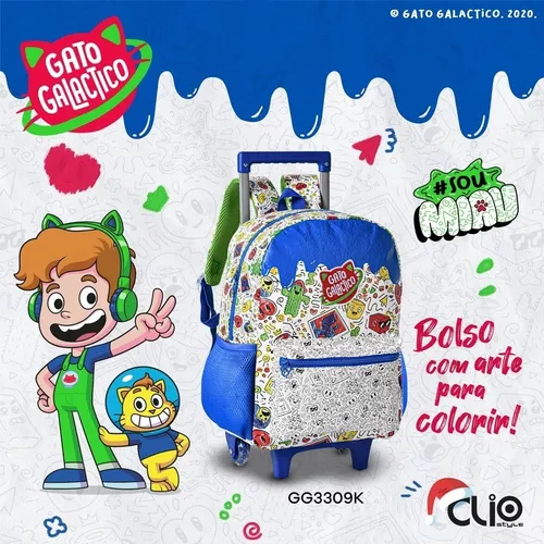 Mochila de Rodinhas Escolar Infantil Gato Galáctico Desenhos Colorir - Azul