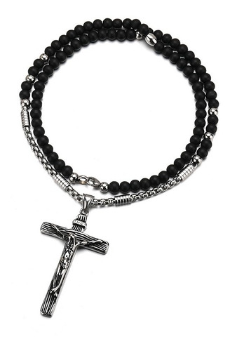 Collar Dije Jesús Cruz Piedras Ágata Color Plata Para Hombre