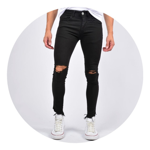 Jeans Chupin Pantalon Negro Roturas Y Desflecado Hombre