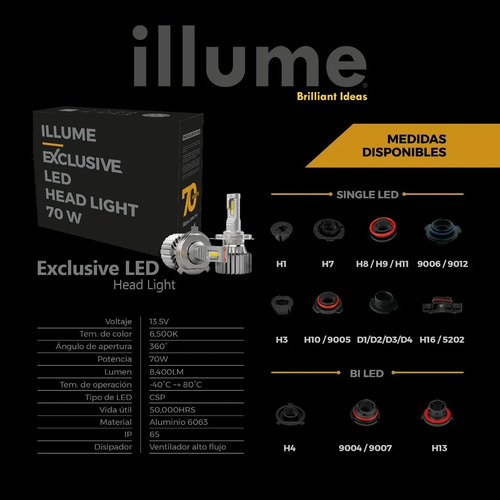 Kit Led Luces Illume Exclusive 70w H7 H11 9005 9006 H1 D2s