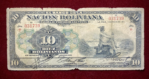 Billete 10 Bolivianos 1911 Bolivia Pick 107b.2 Sin Sello (Usado)