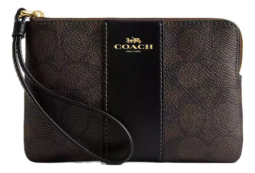 Coach Corner Zip Wristlet Monedero - Muñequera Marrón Oscuro Liso Canva
