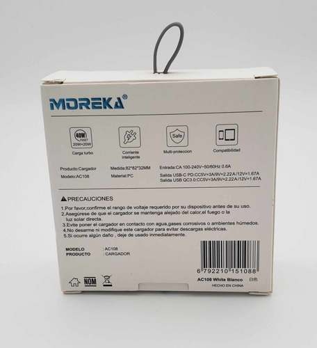 Cargador De Pared 40w Moreka Ac108 Dual Incluye Cable Tipo C