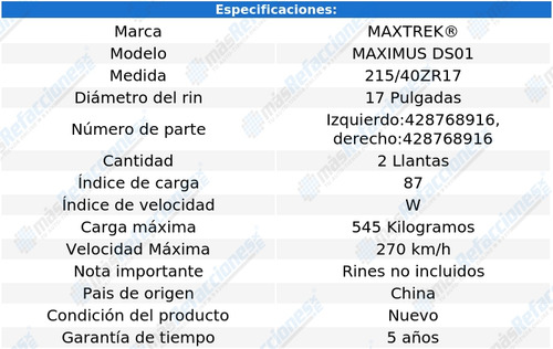 2 Llantas 215/40r17 87w Maxtrek Maximus Ds01 Sin Rin