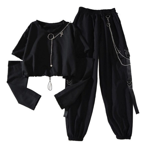 Harajuku Black Cargo Pantalones Mujer Cadena Gótica Hiphop S