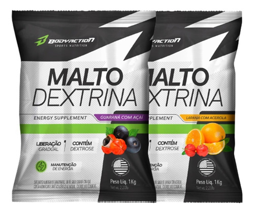 2x Maltodextrina Malto Dextrin 1kg - Bodyaction Sabor Guaraná com Açaí + Laranja com Acerola