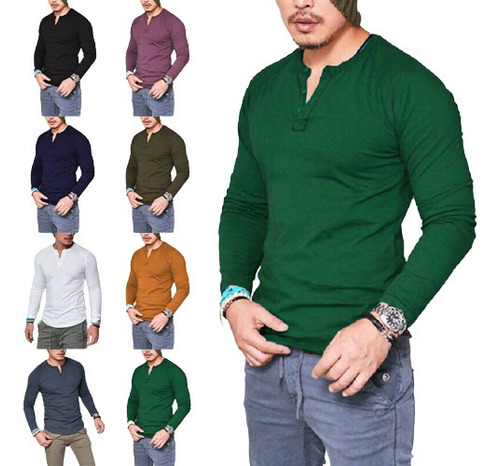 Playera De Manga Larga Con Cuello En V Henley Para Hombre D