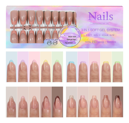 Uñas De Gel French Tips Press On Nails, 150 Unidades, 5 Colo
