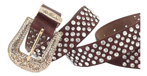 Imagem 3 de 4 de Cinto Feminino Country Marrom Com Strass E Fivela Dourada