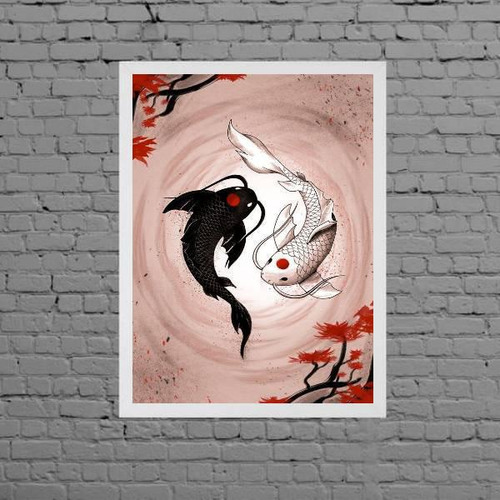 Quadro Decorativo Carpas Yin-yang 45x34cm Moldura Branca