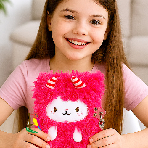Diario Intimo Peluche + Lapiceras Glitter Candado Y Llaves Fucsia Fluffy 2025