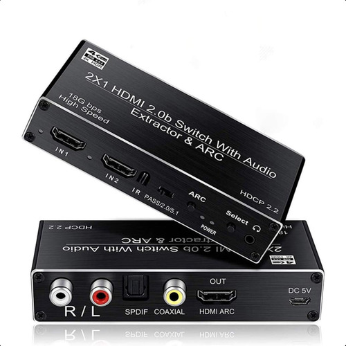 Switch Hdmi 4k 60hz 2x1 Com Extrator De Áudio Uhd Kit C/ 20