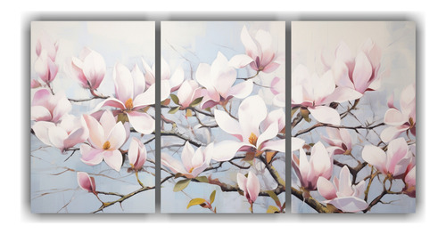 180x90cm Set 3 Cuadros Estéticos De Magnolias Bastidor Made