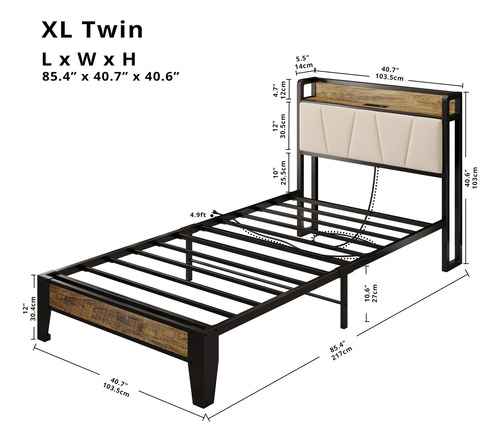 Base De Cama Individual Xl Con Cabecera Y Carga Usb Nogal Be