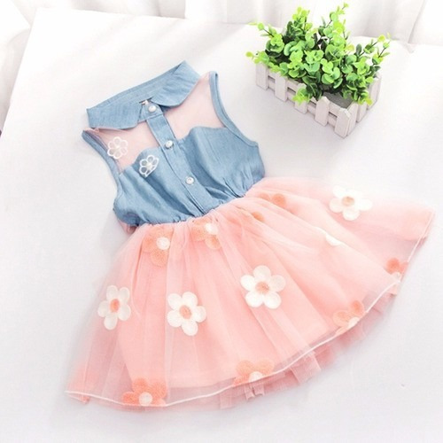 Imagem 2 de 7 de Vestido Infantil Menina Festa De Brim Com Tule Florido