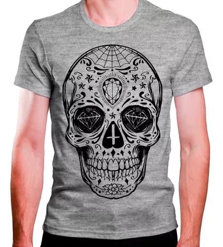 Camiseta Preta Masculina Caveira Mexicana Catrina Diamante