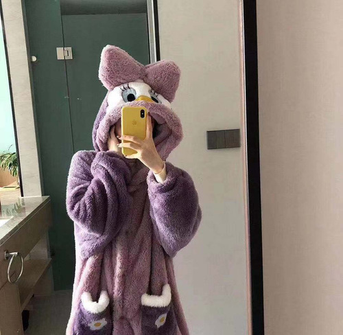 Bata De Lana Coral Con Capucha Y Pijama Cálido Para Invierno