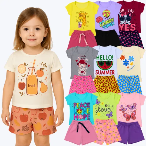 Kit 6 Peças Conjunto Infantil Verão Menina 3 Blusas+3 Shorts