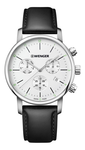 Relógio De Pulso Suíço Masculino Wenger Urban Classic Chrono Cor da correia Preto Cor do bisel Prateado Cor do fundo Branco