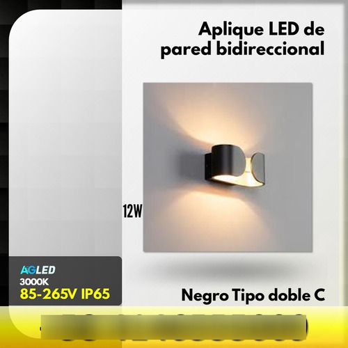 Aplique Led De Pared D C 12w 3k 85-265v Ip65 Bi Negro