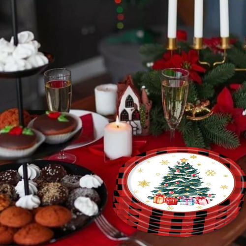 Platos Desechables A Cuadros De Navidad, 18 Cm, 25 Unidades