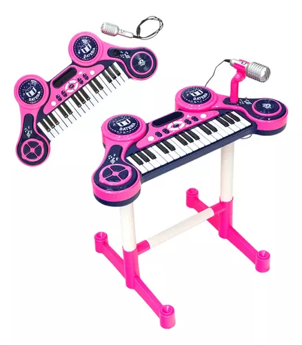 Piano Teclado Infantil Com Microfone Suporte Banquinho Show Cor Rosa