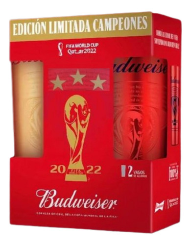 4 Vasos Mundial Budweiser Fifa Qatar Campeones Argentina Rojo Y Dorado