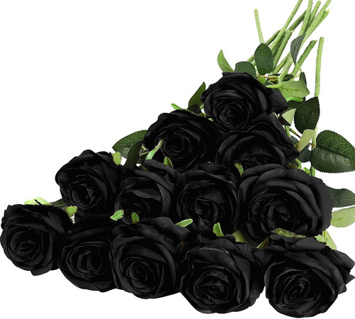 12 Rosas De Seda Artificiales Con Tallo Largo - Negro