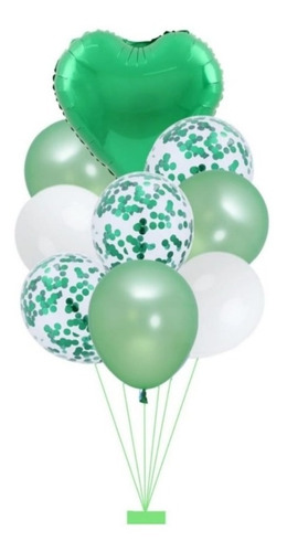 9 Globos Color Verde Látex Confeti Corazón