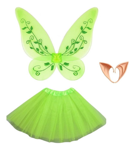 Disfraz Conjunto Alas De Hada Elfo + Tutú De Tul Color Verde Accesorios Para Disfraz De Hada Orejas De Elfo Para Adult@ O Niñ@