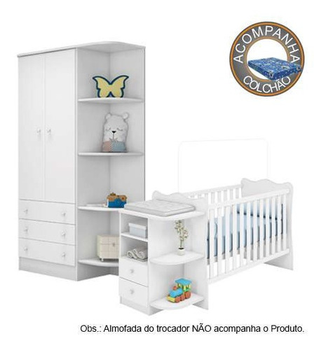 Jogo Quarto Infantil Berço Cômoda Guarda Roupa Colchão Qmovi
