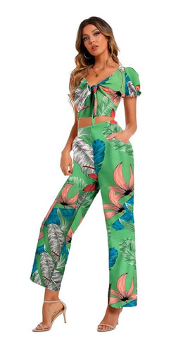 Conjunto De Dos Pzs Estampado Tropical De Top Y Pantalón